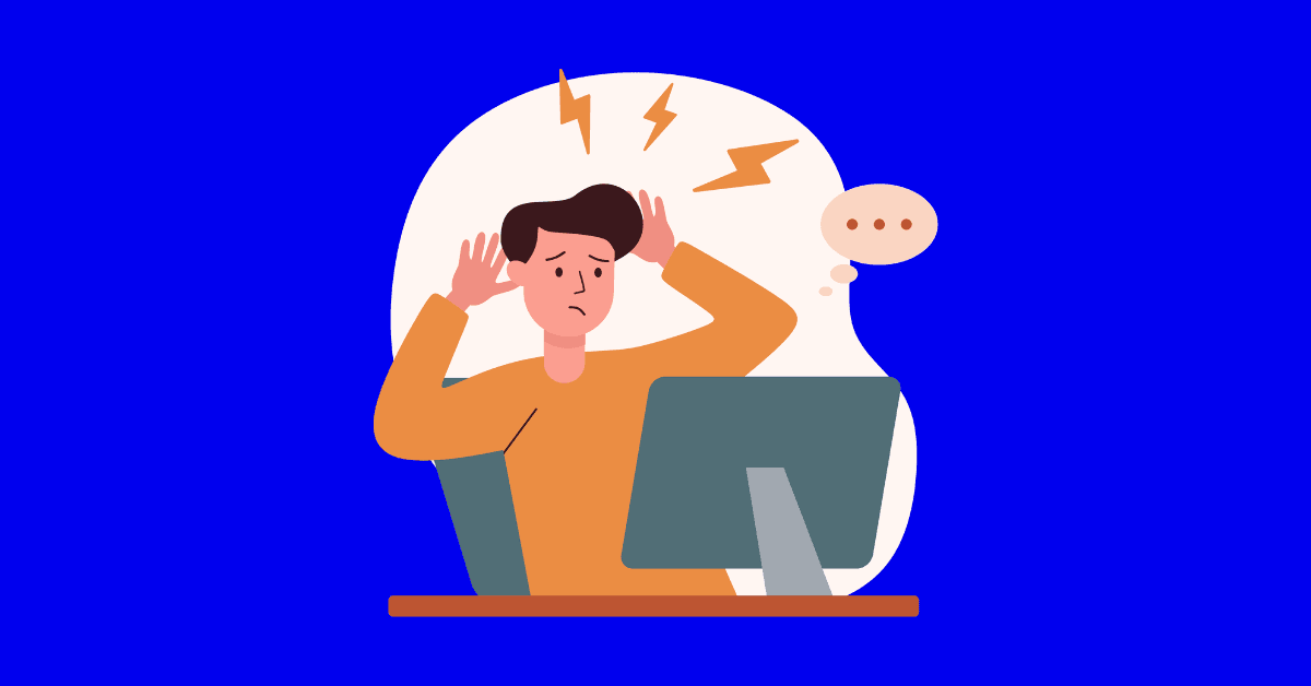 Illustration of a frustrated person sitting at a computer, holding their head with stress marks above, suggesting difficulty or confusion while job searching.