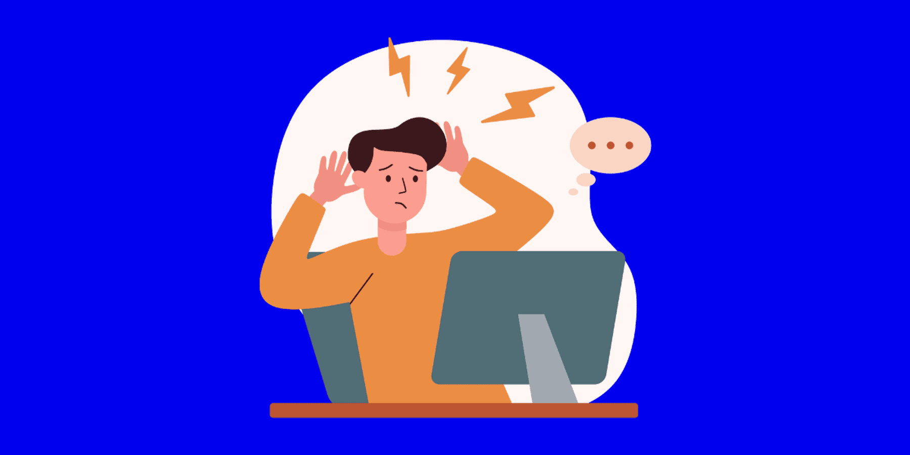 Illustration of a frustrated person sitting at a computer, holding their head with stress marks above, suggesting difficulty or confusion while job searching.