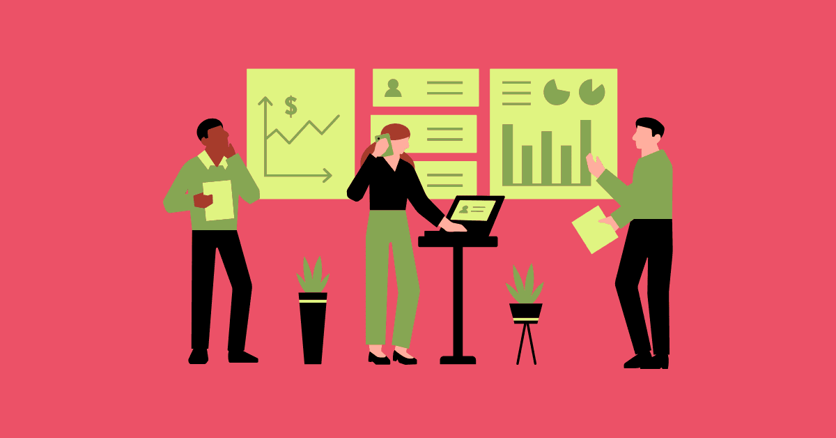 Illustration of a hiring team reviewing performance metrics and candidate data to measure and improve quality of hire.