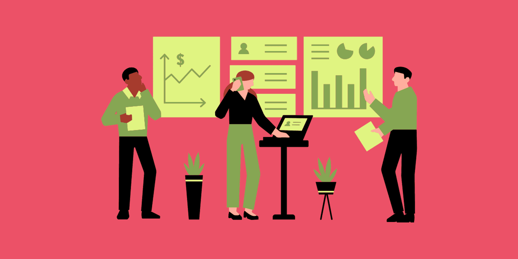 Illustration of a hiring team reviewing performance metrics and candidate data to measure and improve quality of hire.