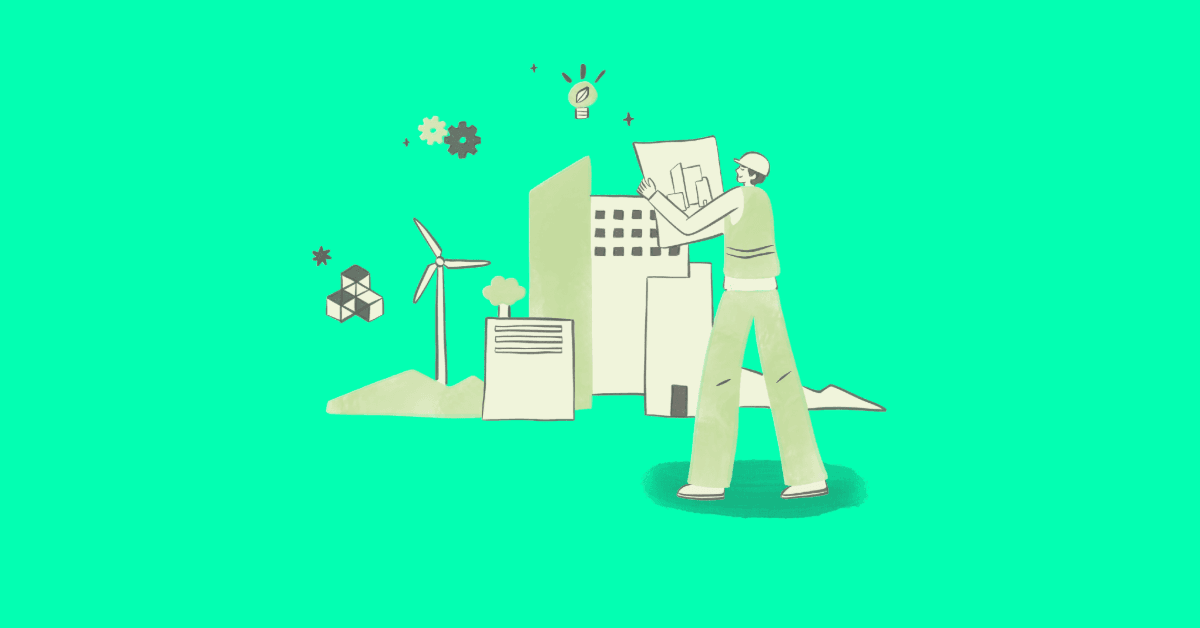 Illustration of a person building a greener city with sustainable infrastructure, including wind energy, eco-friendly buildings, and environmental innovation elements.