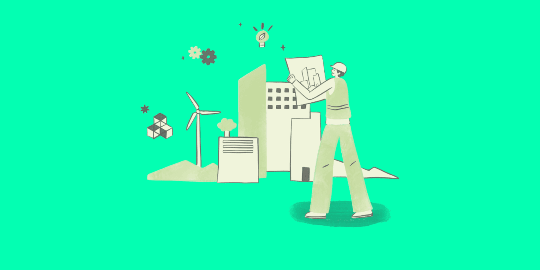 Illustration of a person building a greener city with sustainable infrastructure, including wind energy, eco-friendly buildings, and environmental innovation elements.