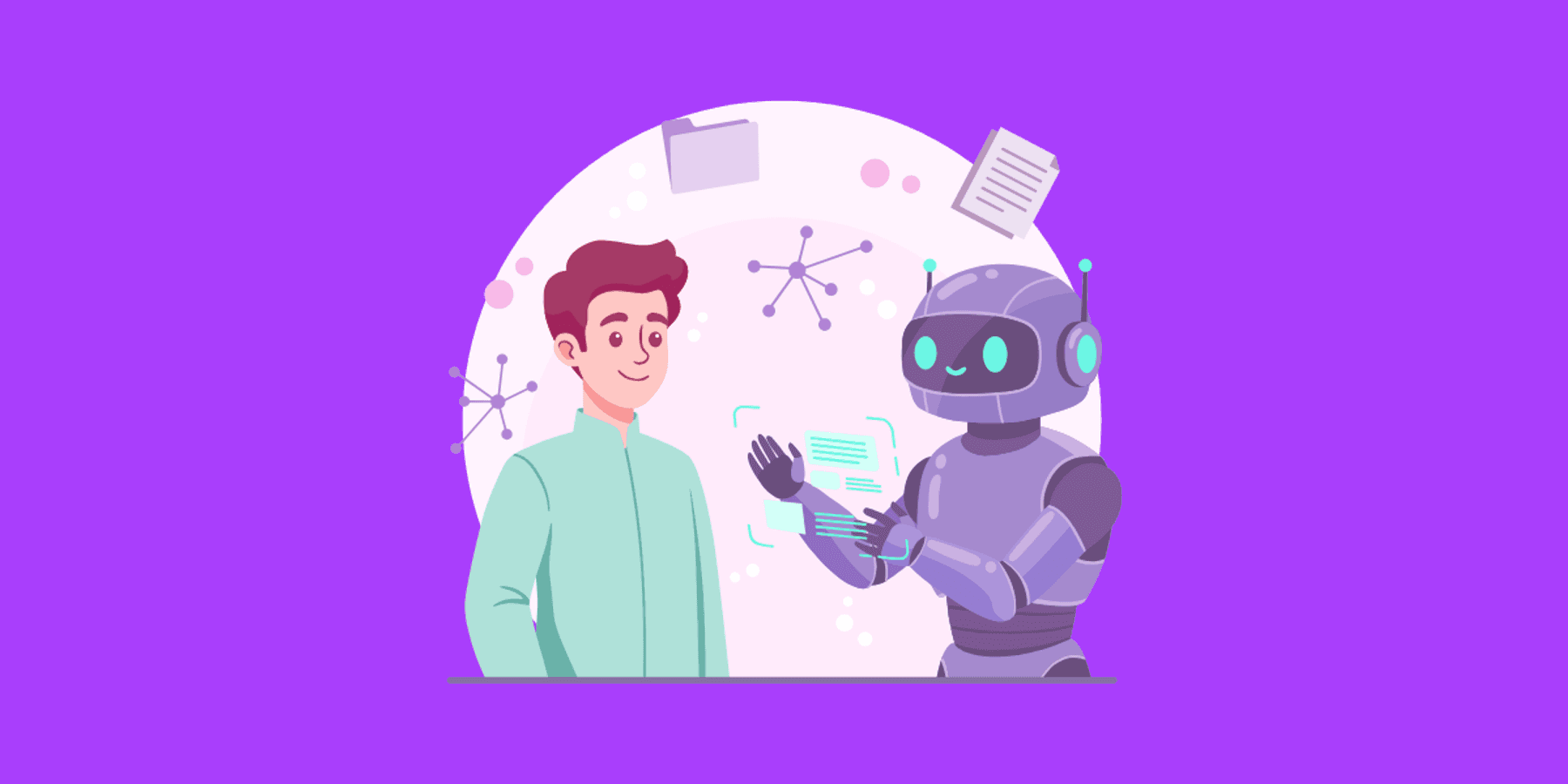Illustration of a person collaborating with a friendly AI robot, representing teams using AI tools to support work and stay human-centered.