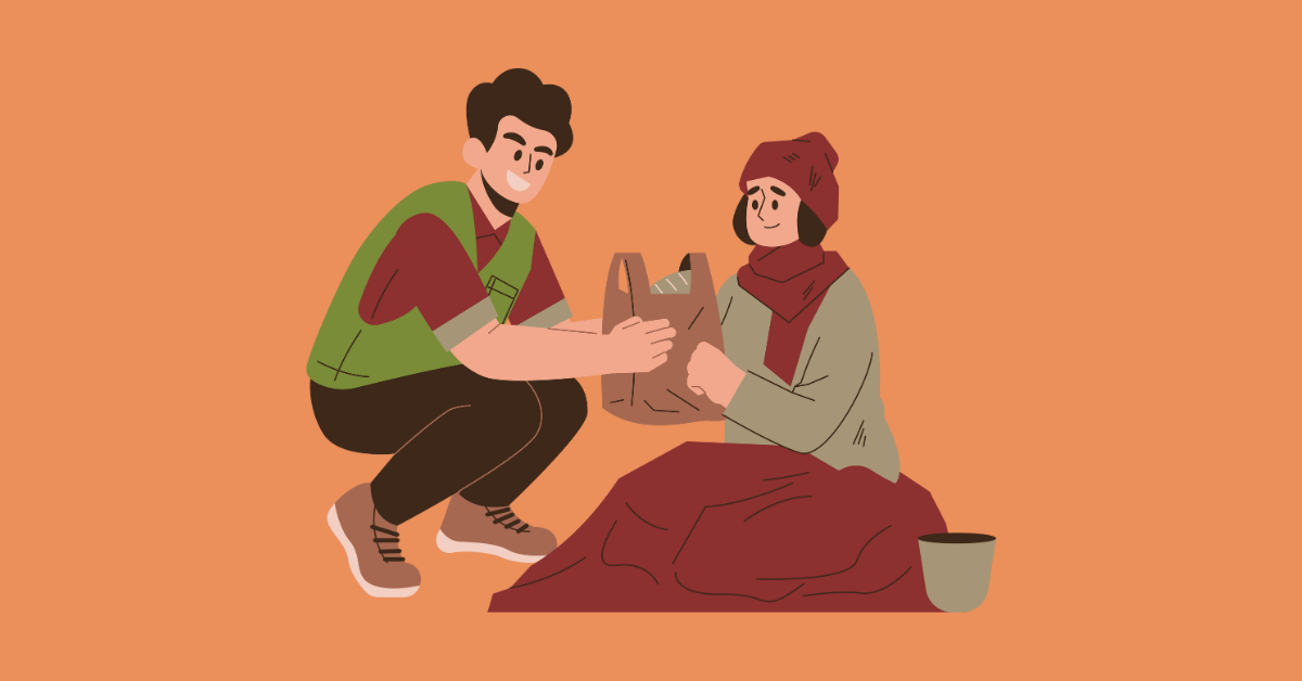 Illustration of a person giving aid to a less fortunate person.