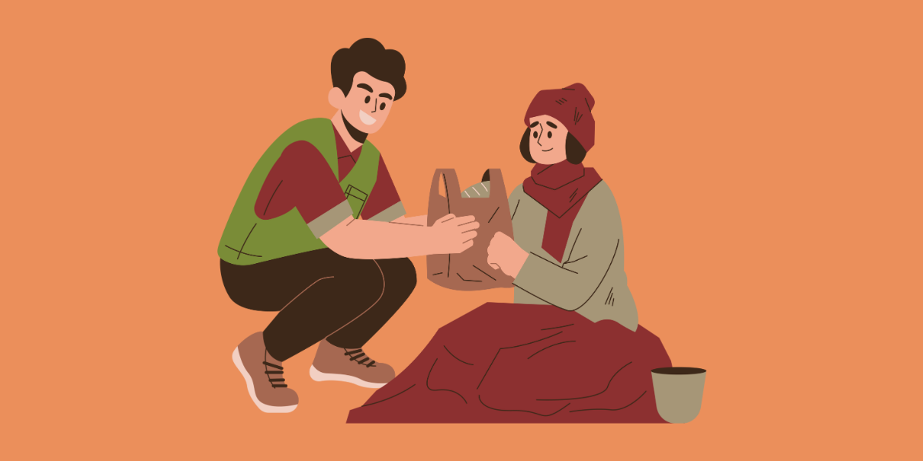 Illustration of a person giving aid to a less fortunate person.