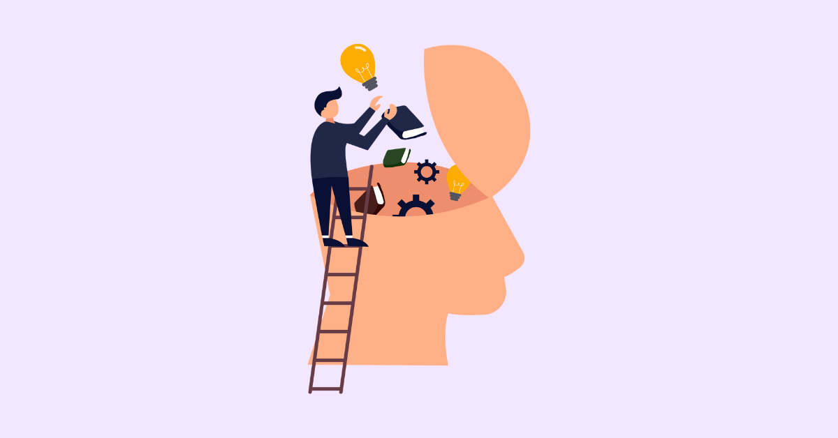 Illustration of a person on a ladder placing books and lightbulbs into a human head, symbolizing workplace upskilling and knowledge development.