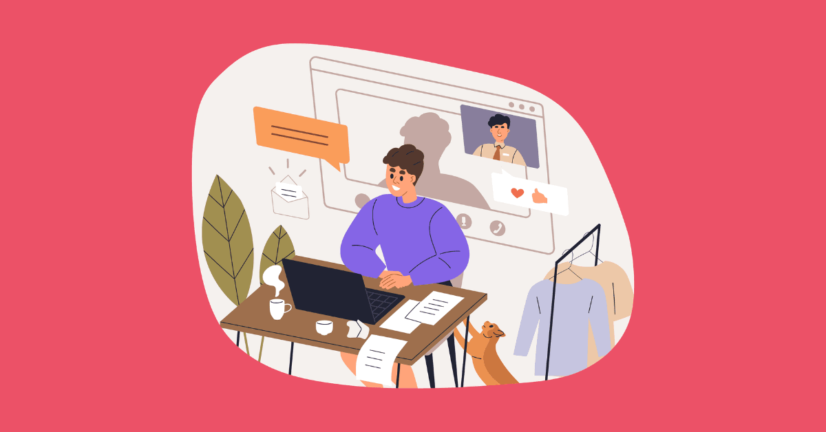 Illustration of a person working on a laptop at a desk, participating in a virtual job fair with video chat windows, messages, and recruiter interactions on screen, with coffee, papers, and a dog nearby.