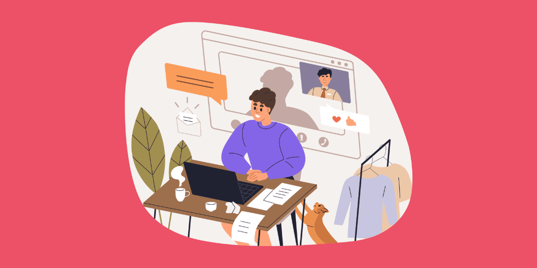 Illustration of a person working on a laptop at a desk, participating in a virtual job fair with video chat windows, messages, and recruiter interactions on screen, with coffee, papers, and a dog nearby.