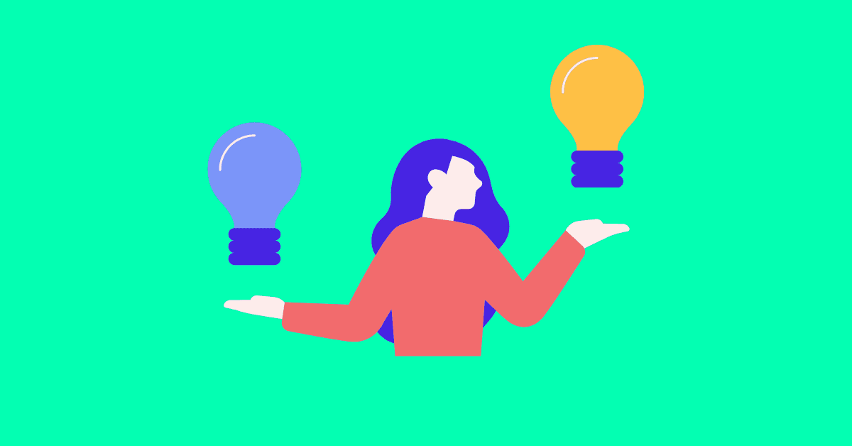 Illustration of a professional weighing two ideas, representing the difference between recruitment (reactive hiring) and talent acquisition (strategic, long-term workforce planning).