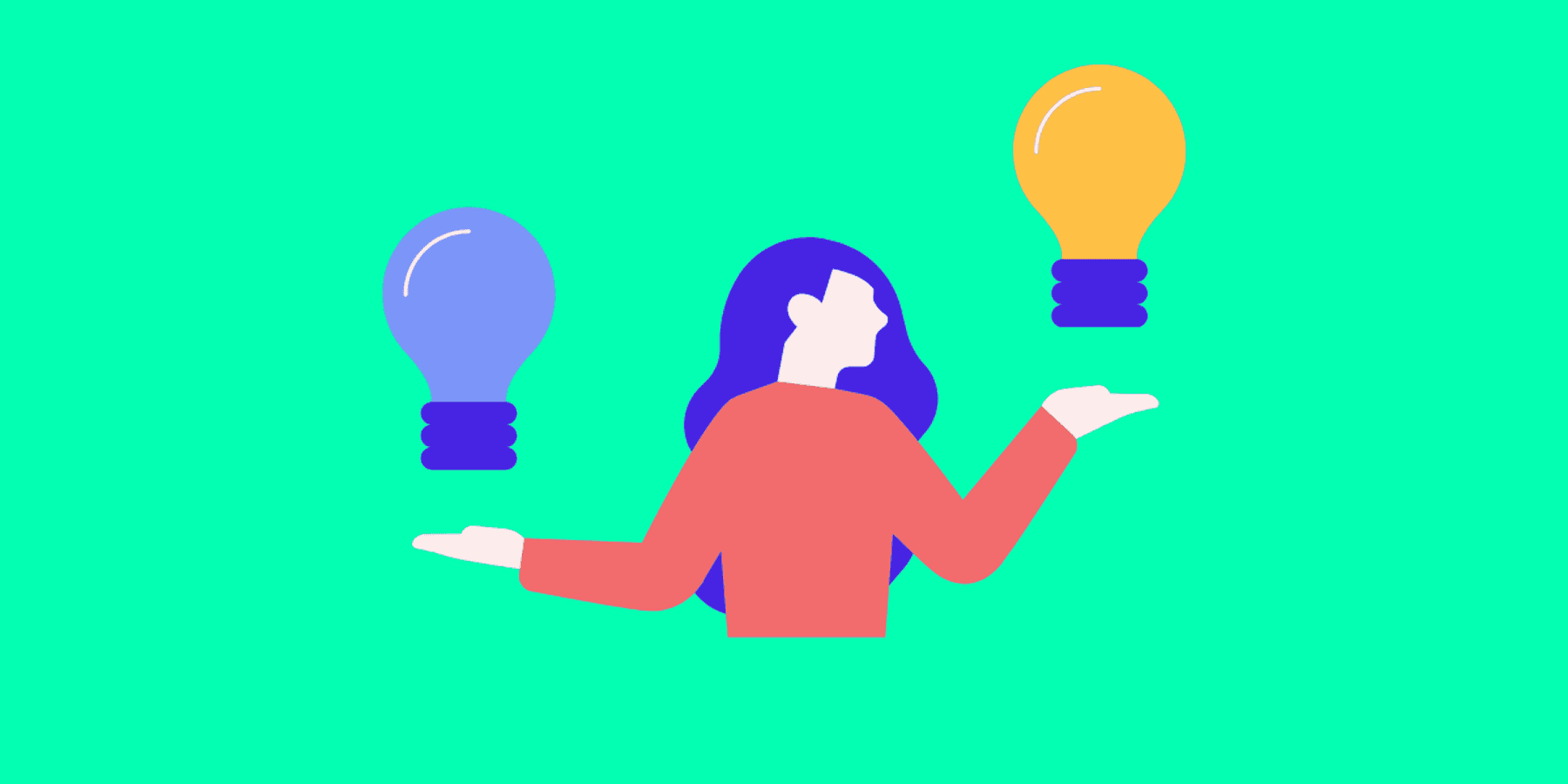 Illustration of a professional weighing two ideas, representing the difference between recruitment (reactive hiring) and talent acquisition (strategic, long-term workforce planning).