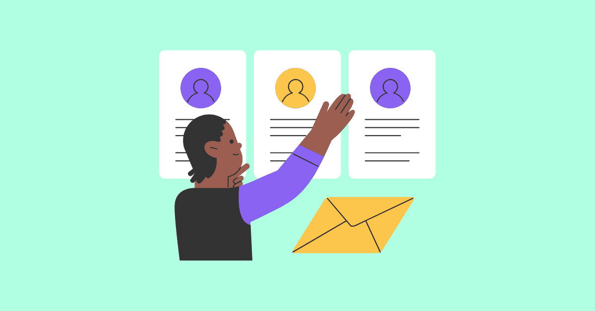 Illustration of a recruiter engaging with candidate profiles and sending outreach, representing candidate engagement platforms and personalized hiring communication.