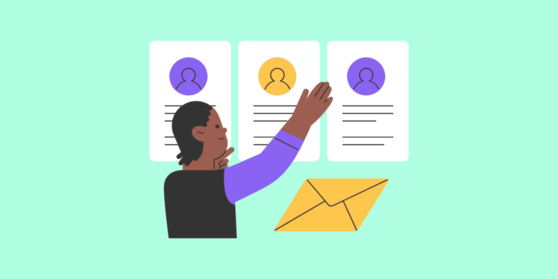 Illustration of a recruiter engaging with candidate profiles and sending outreach, representing candidate engagement platforms and personalized hiring communication.