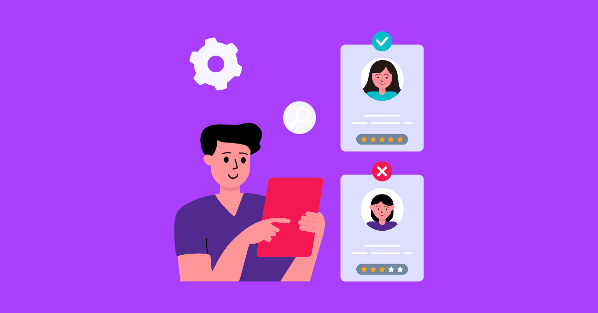 Illustration of a recruiter reviewing candidate profiles on a tablet, symbolizing screening and engagement strategies for building an active talent pipeline.