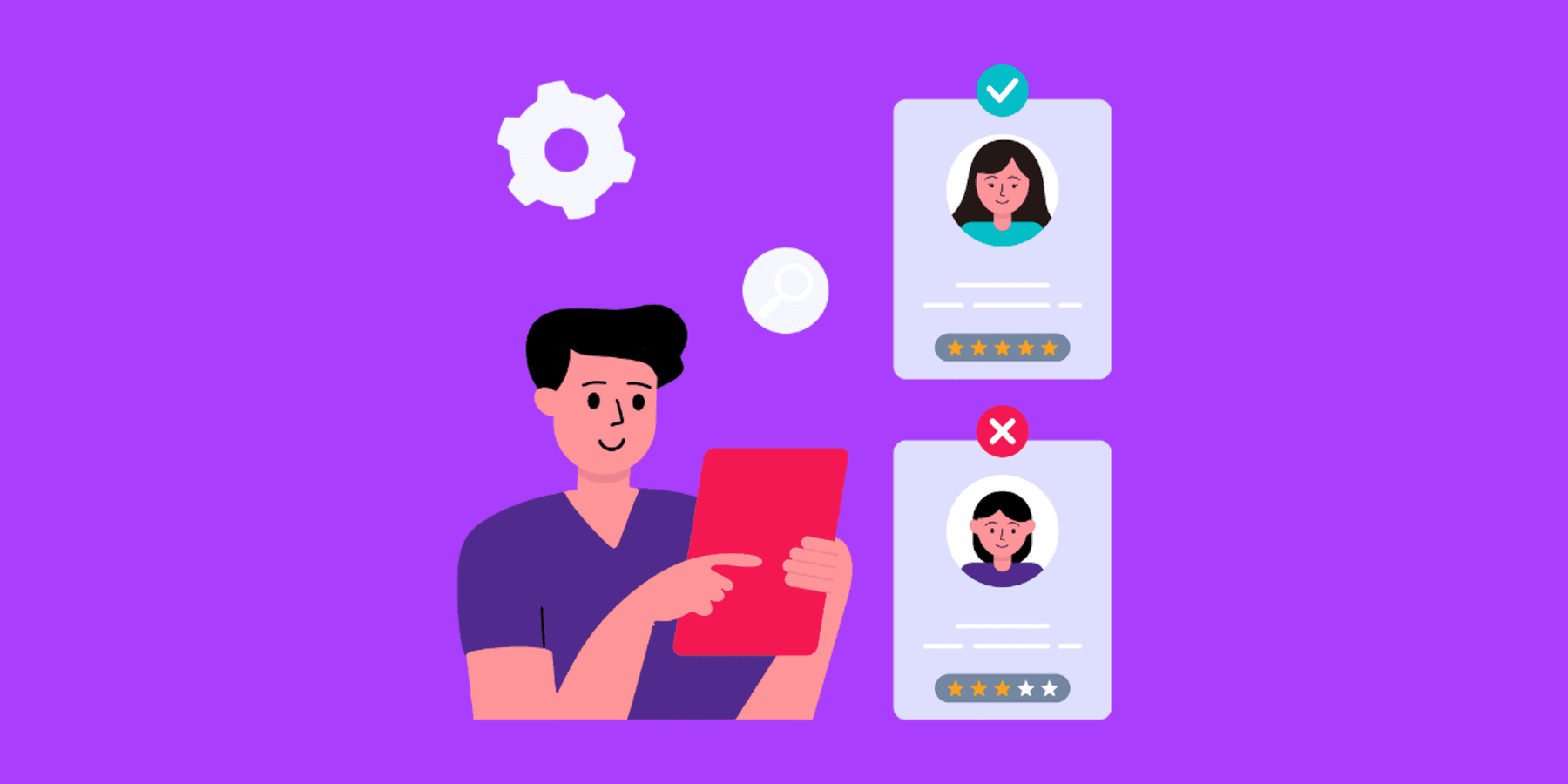 Illustration of a recruiter reviewing candidate profiles on a tablet, symbolizing screening and engagement strategies for building an active talent pipeline.