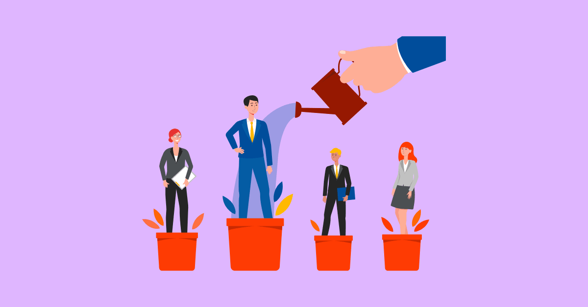 Illustration of a recruiter watering candidates like plants in pots, symbolizing nurturing a talent pipeline where professionals grow and are prepared for future hiring opportunities.
