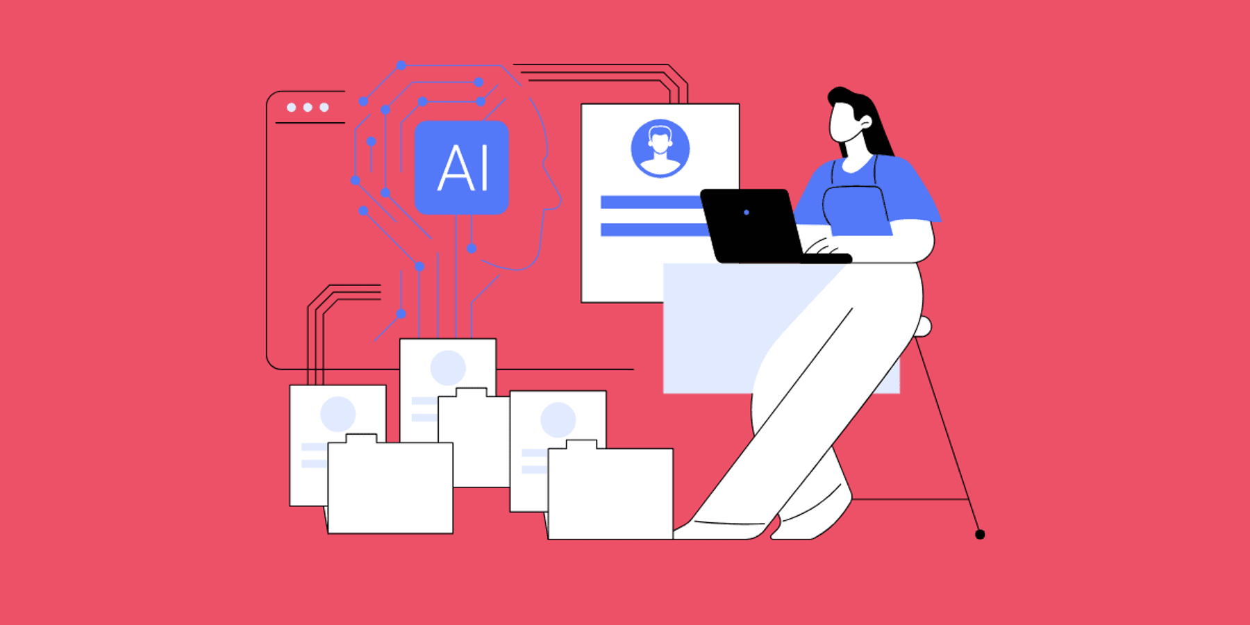 Illustration of AI talent acquisition showing a recruiter using a laptop beside AI-powered candidate profiles and digital hiring systems.
