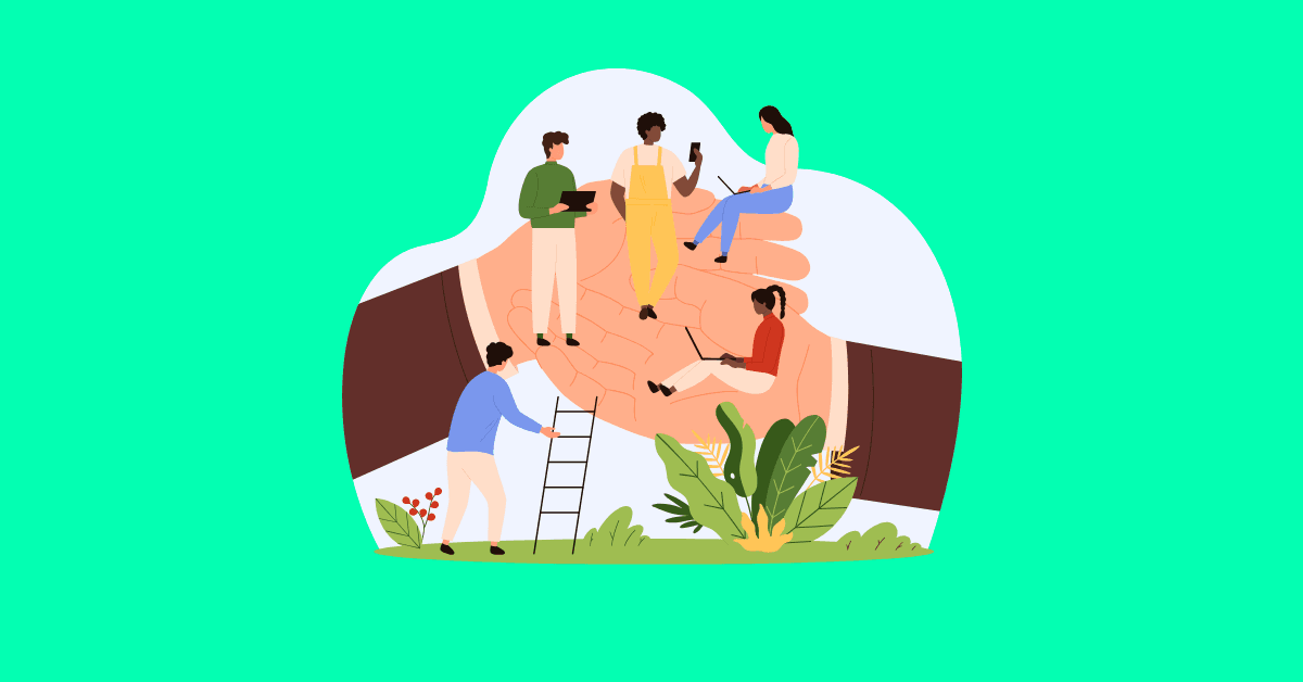 Illustration of employees learning, collaborating, and exploring new roles, representing upskilling, career pivots, and internal mobility.