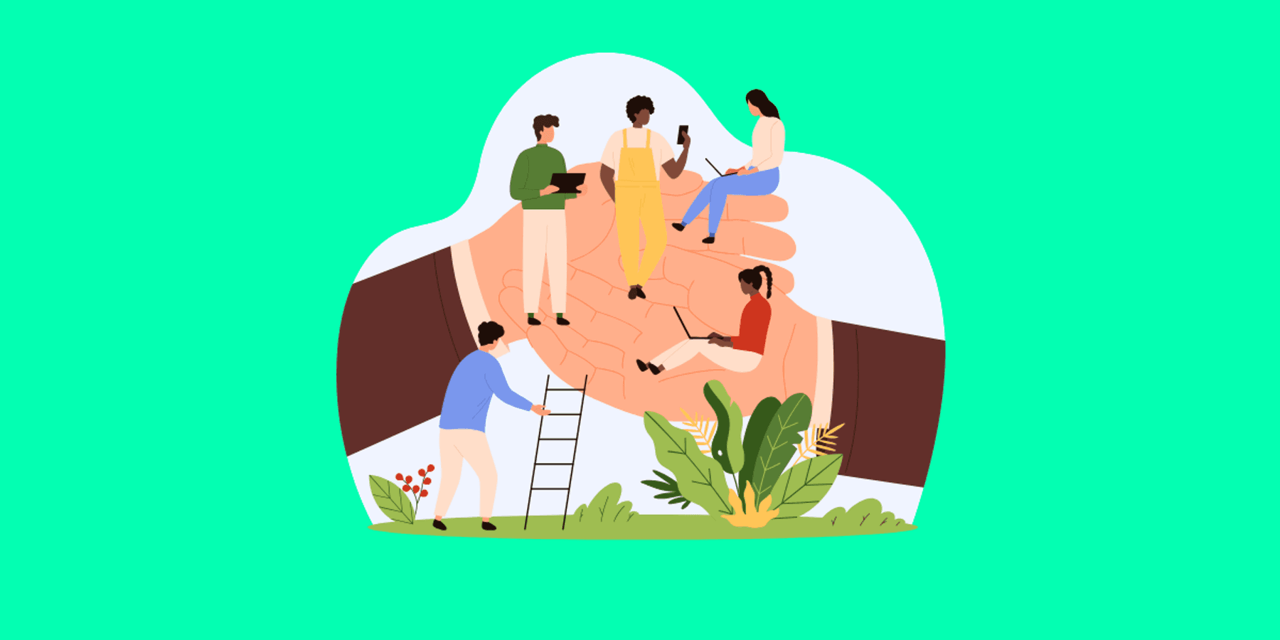 Illustration of employees learning, collaborating, and exploring new roles, representing upskilling, career pivots, and internal mobility.