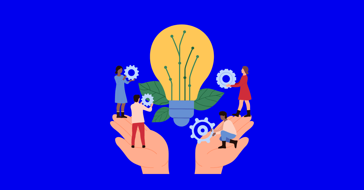 Illustration of four people collaboratively assembling gears around a glowing light bulb with leaves, held by two open hands against a blue background, symbolizing teamwork, innovation, and turning ideas into impact.