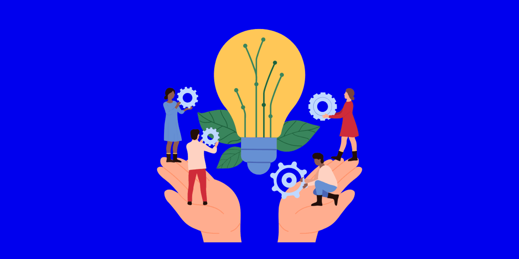 Illustration of four people collaboratively assembling gears around a glowing light bulb with leaves, held by two open hands against a blue background, symbolizing teamwork, innovation, and turning ideas into impact.