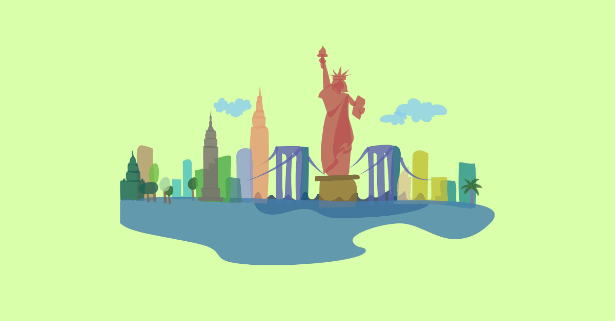 Illustration of New York City skyline with the Statue of Liberty, representing tech career opportunities and jobs in New York.