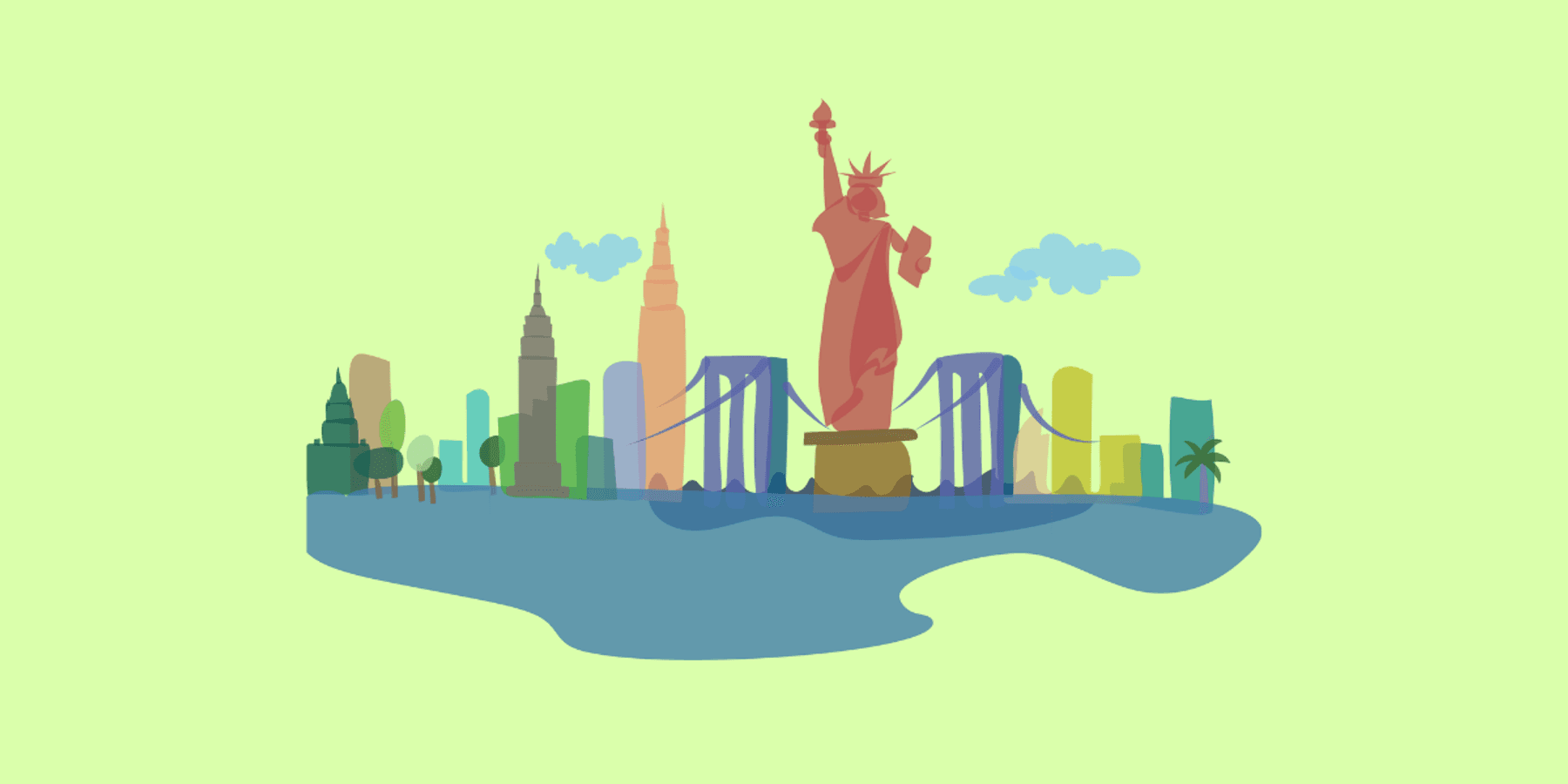 Illustration of New York City skyline with the Statue of Liberty, representing tech career opportunities and jobs in New York.