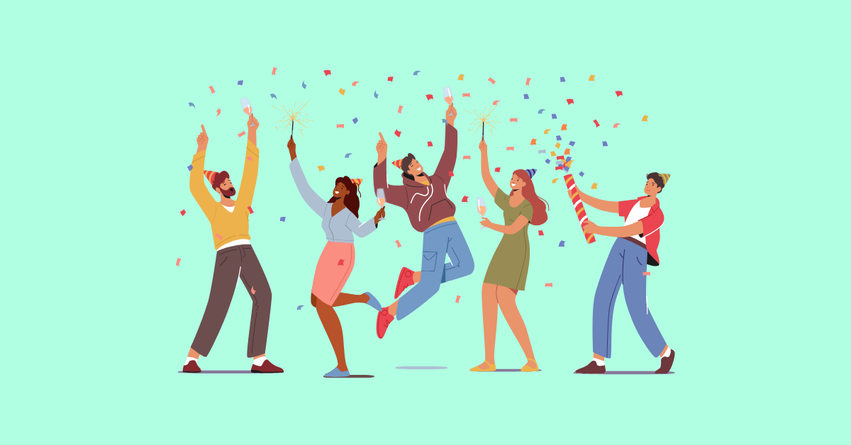 Illustration of people celebrating with sparklers, drinks, and confetti.