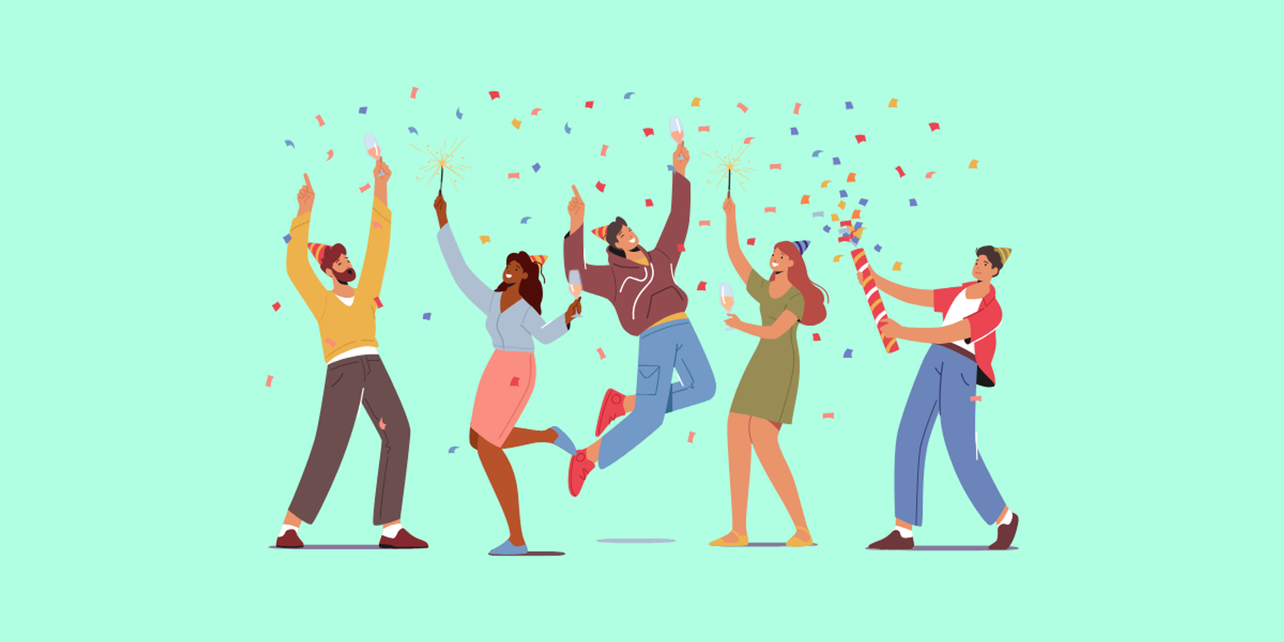 Illustration of people celebrating with sparklers, drinks, and confetti.