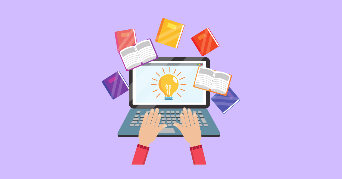 Illustration of person typing on a keyboard and learning in online courses