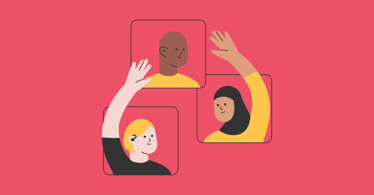 Illustration of three diverse people in video call-style frames waving, representing inclusive hiring and diverse candidate engagement.