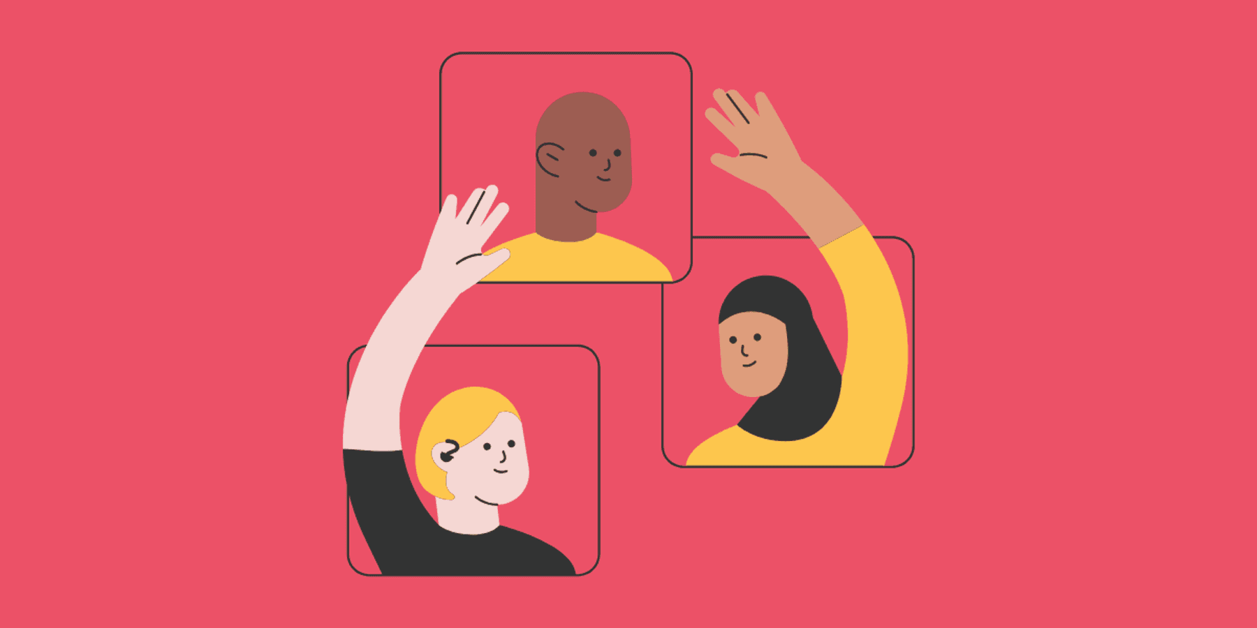 Illustration of three diverse people in video call-style frames waving, representing inclusive hiring and diverse candidate engagement.
