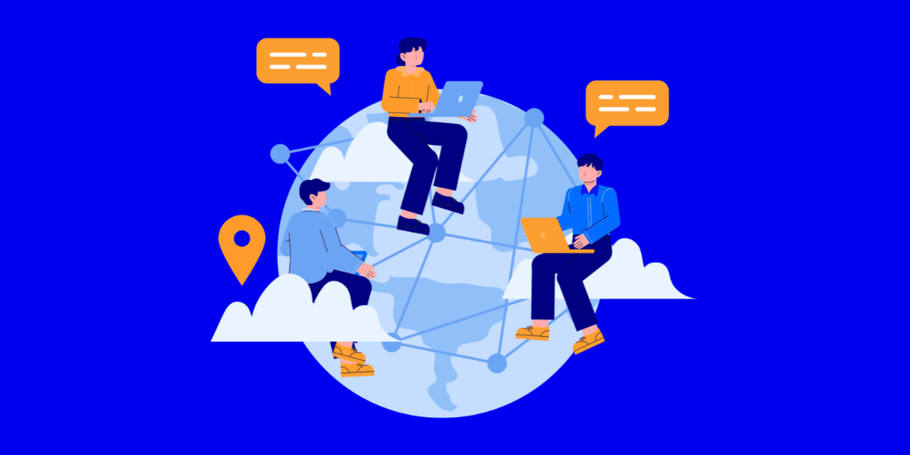 Illustration of three professionals collaborating remotely across a globe, representing teamwork and collaboration across cultures.