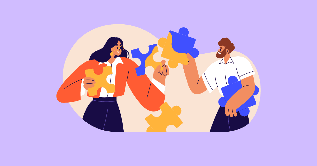 Illustration of two coworkers holding and assembling puzzle pieces, representing collaboration and strategic talent acquisition goals that help organizations build stronger teams and drive business growth.