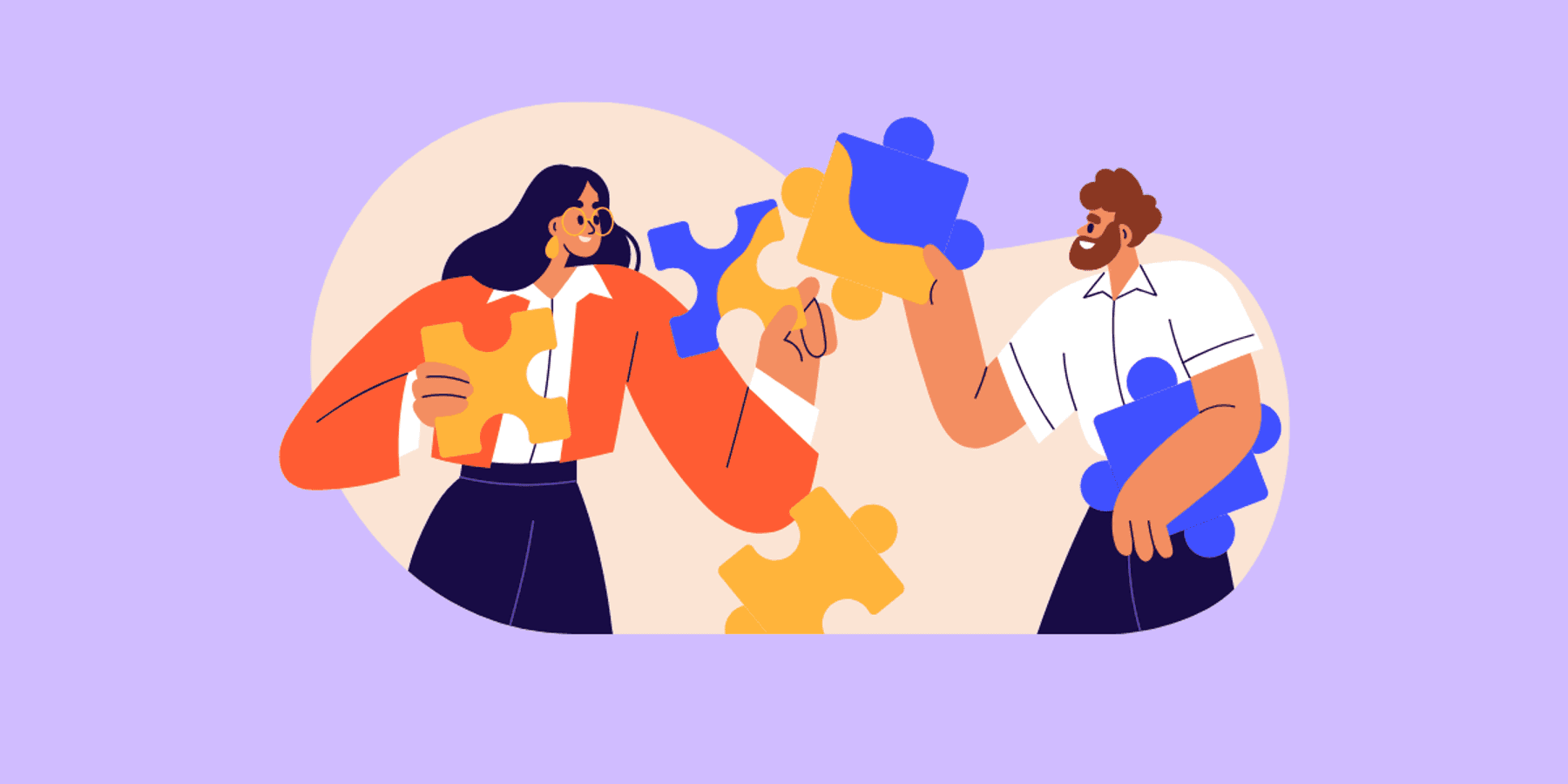 Illustration of two coworkers holding and assembling puzzle pieces, representing collaboration and strategic talent acquisition goals that help organizations build stronger teams and drive business growth.