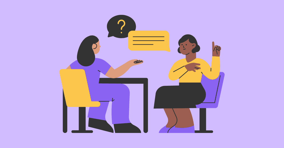 Illustration of two people in a job interview setting, discussing and answering questions—representing common software and IT interview scenarios like technical and behavioral questions.