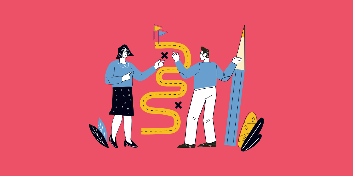 Illustration of two people standing on either side of a winding yellow path with flags and markers, symbolizing a career journey or pivot. One person holds a large pencil while the other gestures toward the path, representing planning and growth. The background is pink, and there are stylized leaves at their feet.