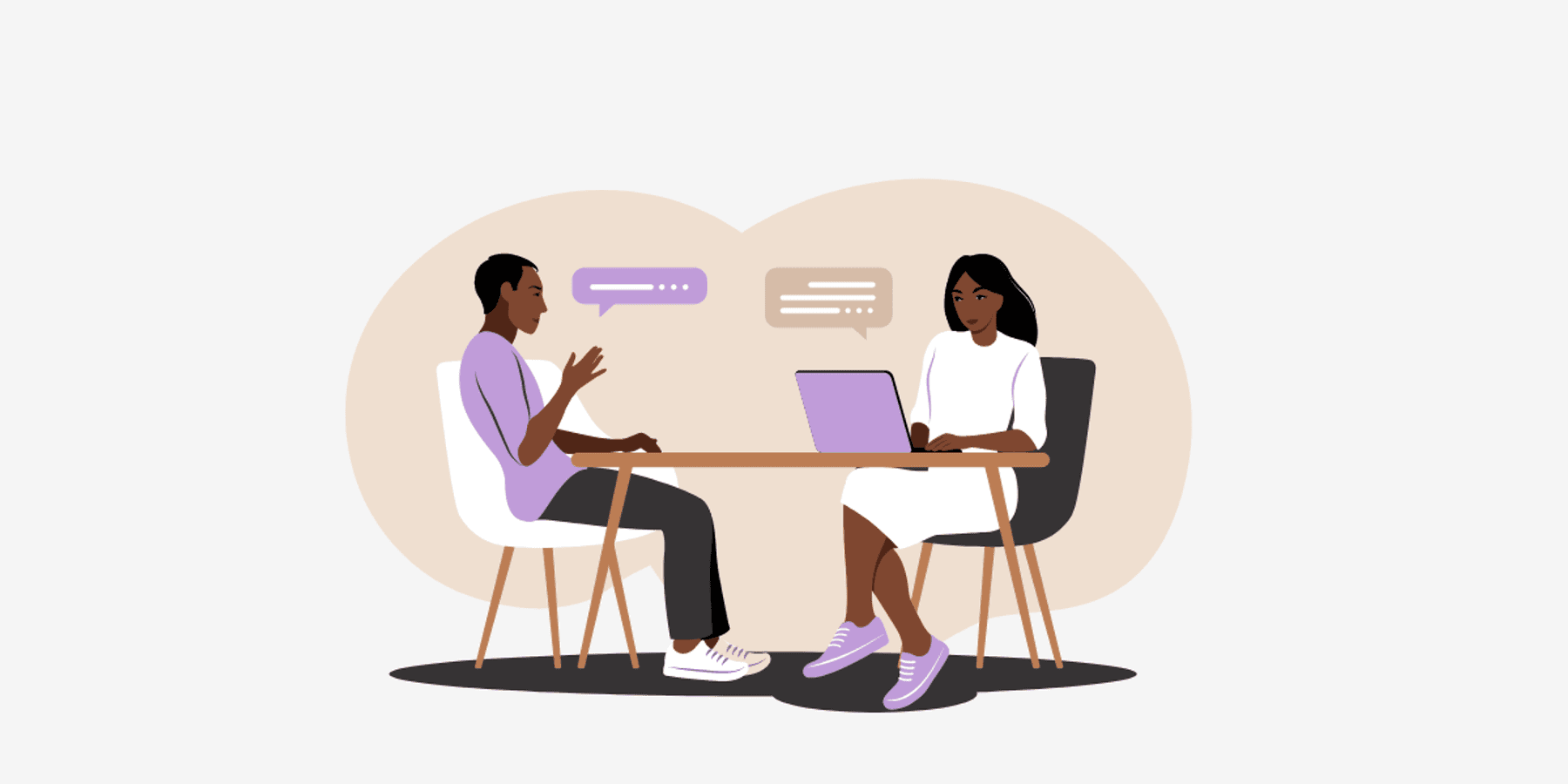 Illustration of wo people sitting in chairs at a table with laptop computers having a conversation.