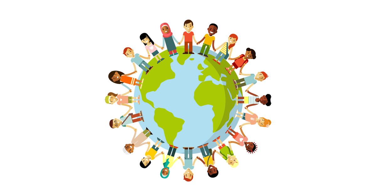 Image of a diverse range of people holdings hands around an image of the world. 