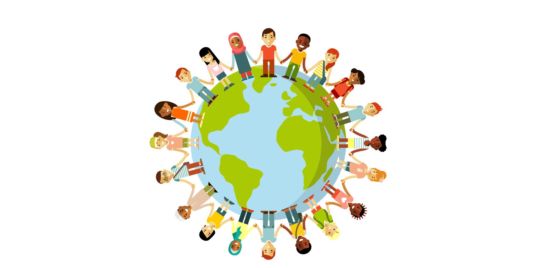 Image of a diverse range of people holdings hands around an image of the world.