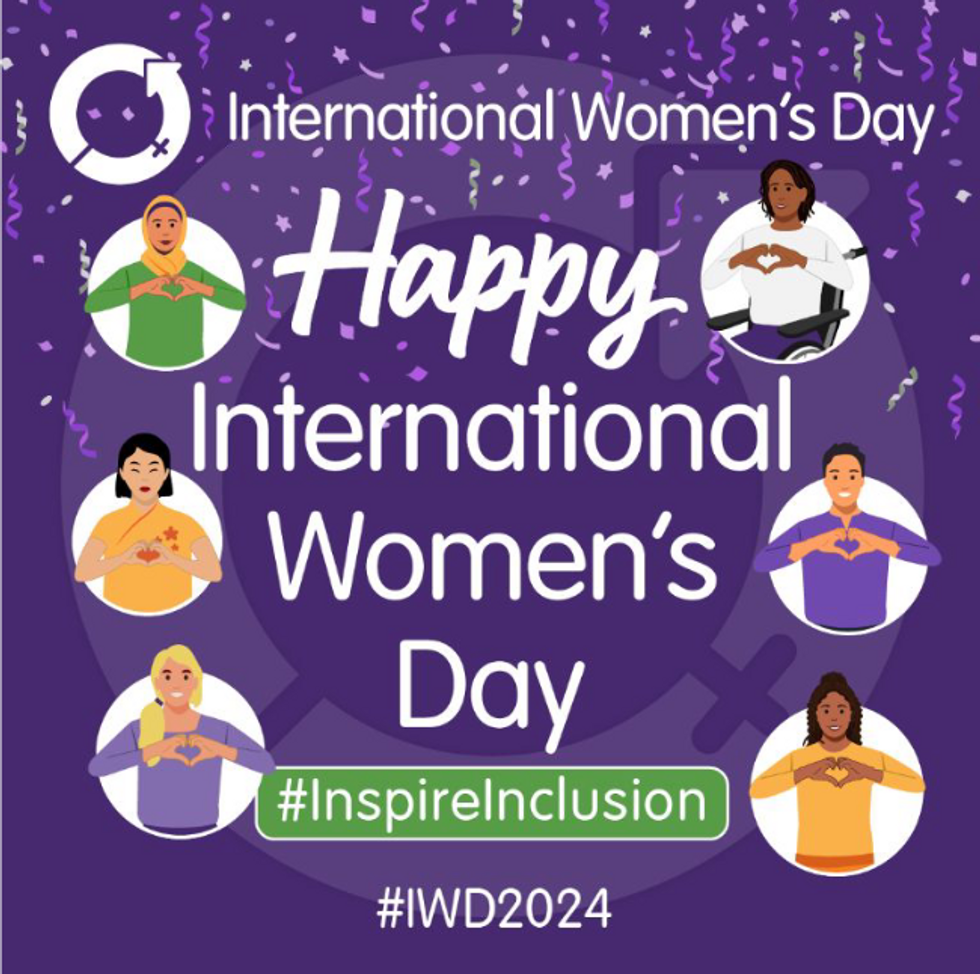 International Women's Day image with various women graphics making a heart with their hands