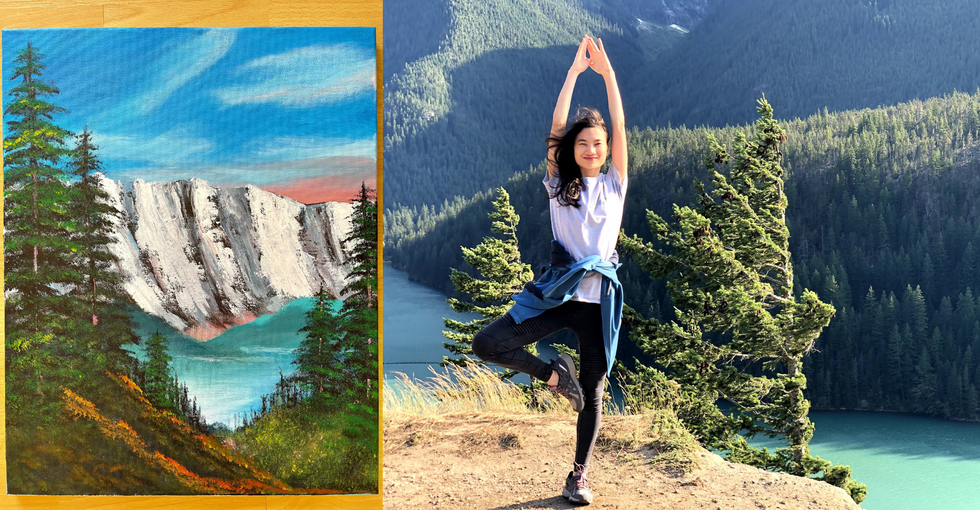 Left: An acrylic painting made by Loi for her grandfather. Right: Loi on a hike to Diablo lake in Seattle