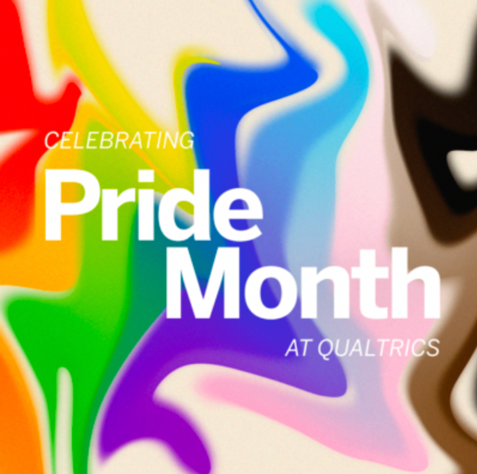 multi-colored swirl with white text that reads celebrating Pride month at Qualtrics