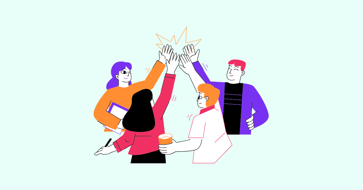 On a light blue background, four illustrated people stand in a circle high-fiving or raising their hands in celebration. Some hold other work tools in their free hand like a tablet or pen.