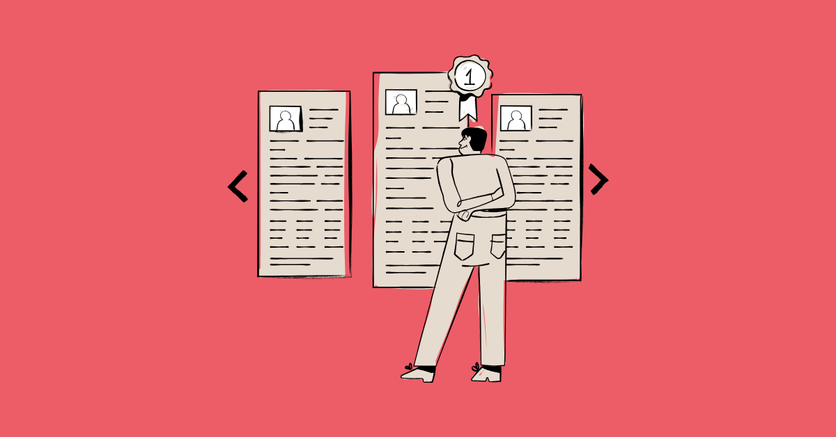 On a red background, an illustrated figure stands in front of three resumes, examining each. One has a little ribbon that reads '1' on it.