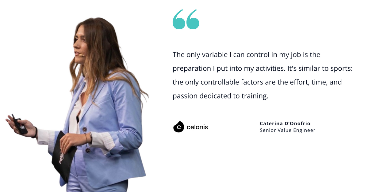 Photo of Celonis' Caterina D'Onofrio, senior value engineer, with quote saying, "The only variable I can control in my job is the preparation I put into my activities. It's similar to sports: the only controllable factors are the effort, time, and passion dedicated to training."