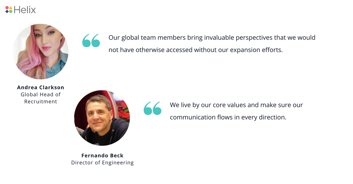 Photo of Helix's Andrea Clarkson, global head of recruitment, with quote saying, "Our global team members bring invaluable perspectives that we would not have otherwise accessed without our expansion efforts," alongside a photo of Fernando Beck, director of engineering, with quote saying, "We live by our core values and make sure our communication flows in every direction."