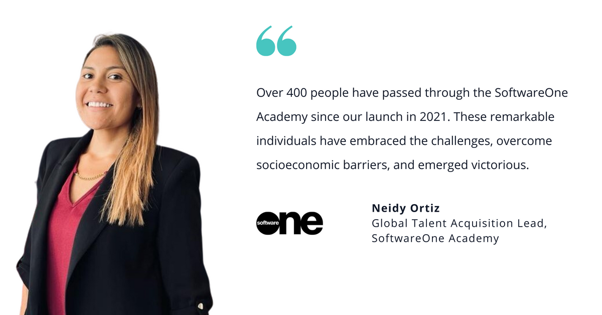Photo of SoftwareOne's Neidy Ortiz, global talent acquisition lead, SoftwareOne Academy, with quote saying, "Over 400 people have passed through the SoftwareOne Academy since our launch in 2021. These remarkable individuals have embraced the challenges, overcome socioeconomic barriers, and emerged victorious."