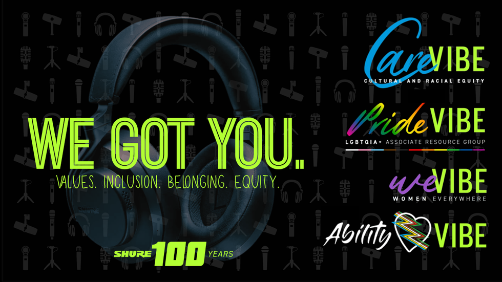 Poster celebrating Shure's 100 years, highlighting their different resource groups.