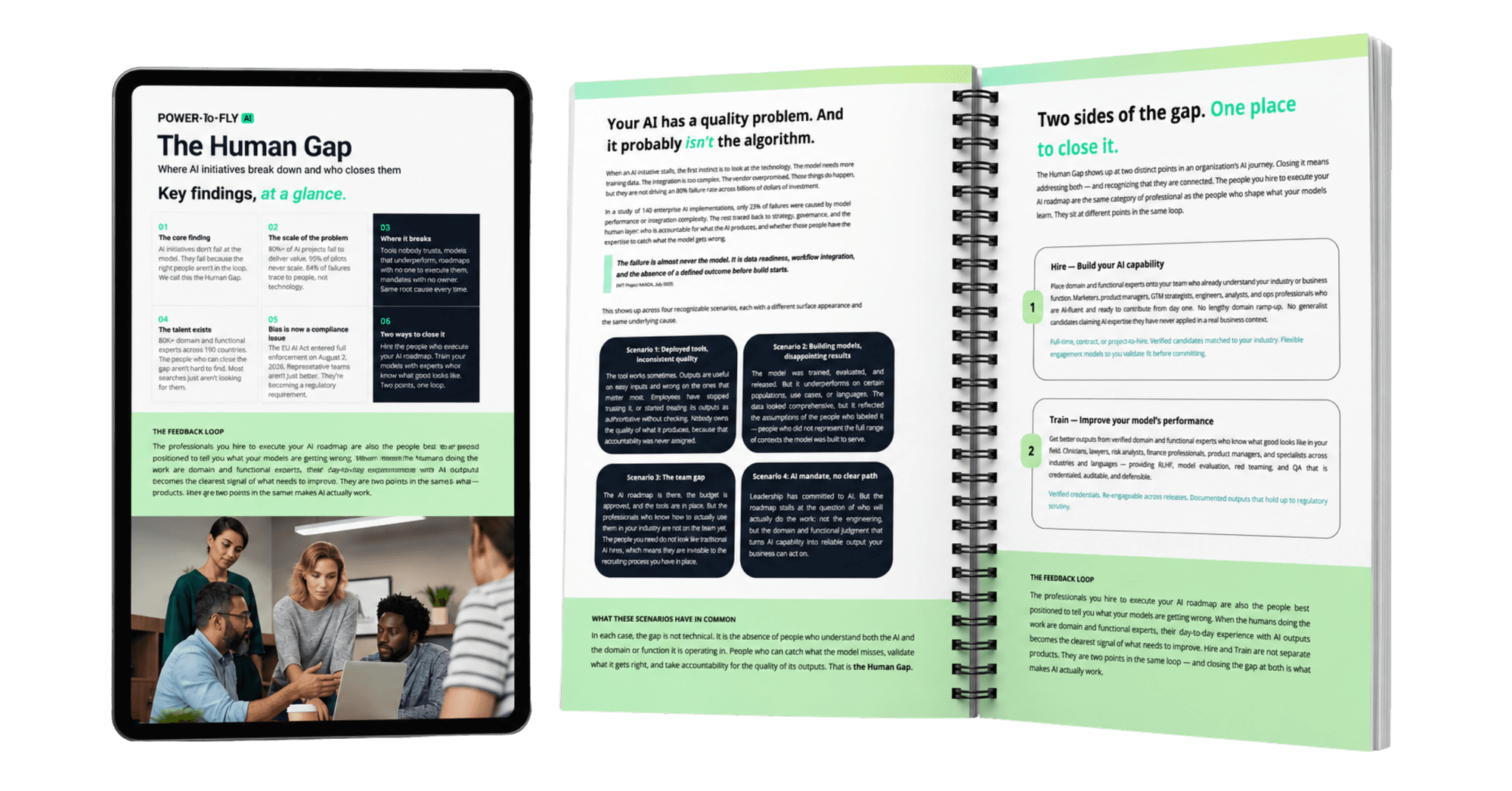 PowerToFly's The Human Gap report mock up on ipad and notebook with key findings about AI implementation failures.