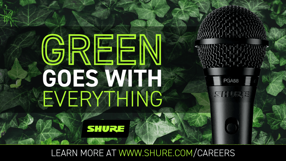 Promotional graphic from Shure featuring a microphone surrounded by green ivy leaves with the text \u201cGreen Goes With Everything,\u201d highlighting sustainability and environmentally conscious initiatives.